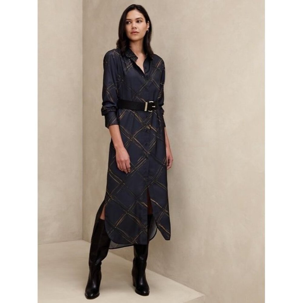 Banana Republic Navy Plaid Button-Up Midi Shirt Dress
